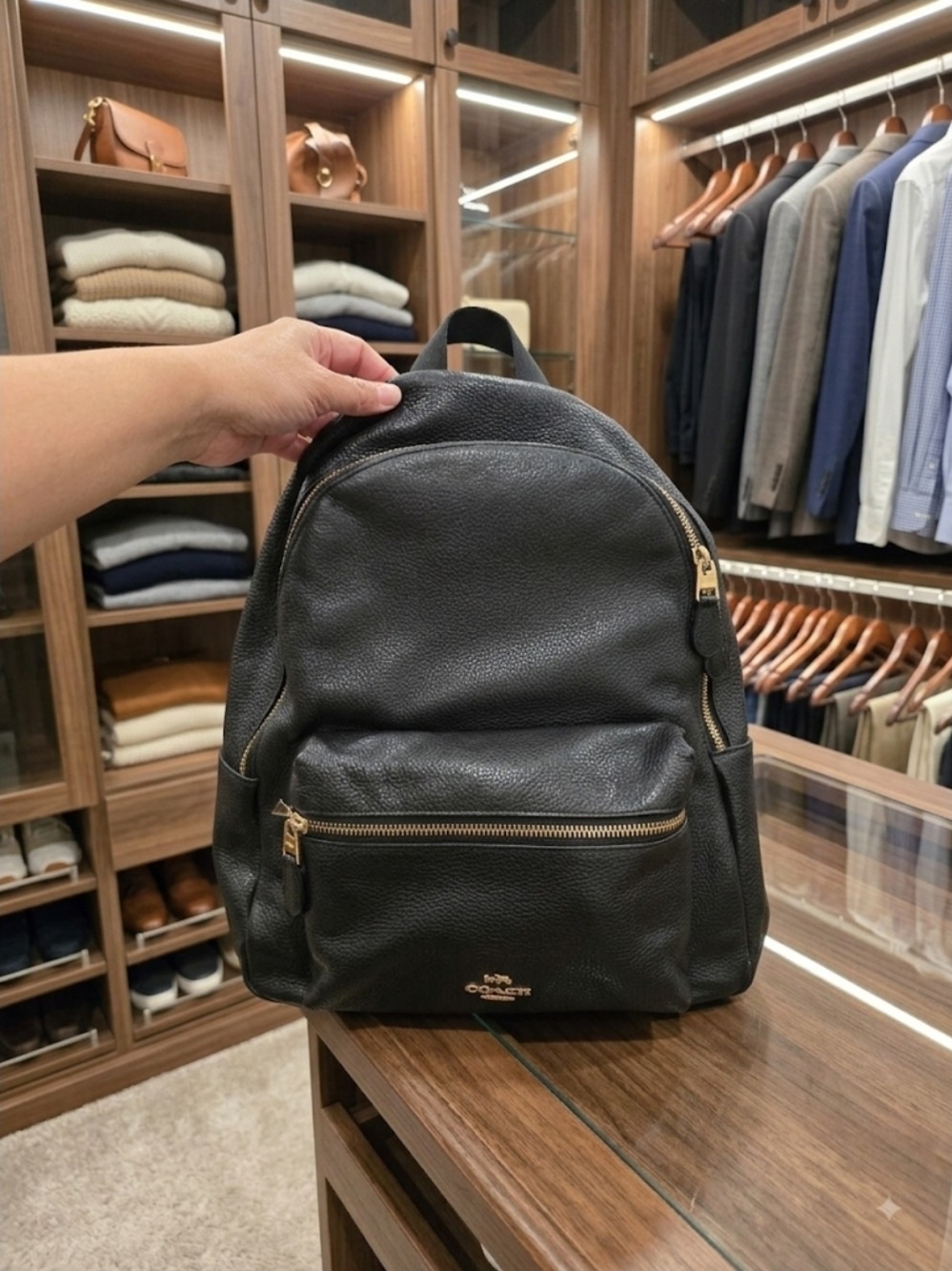 Coach Black Pebbled Leather Backpack with Gold Hardware Accents